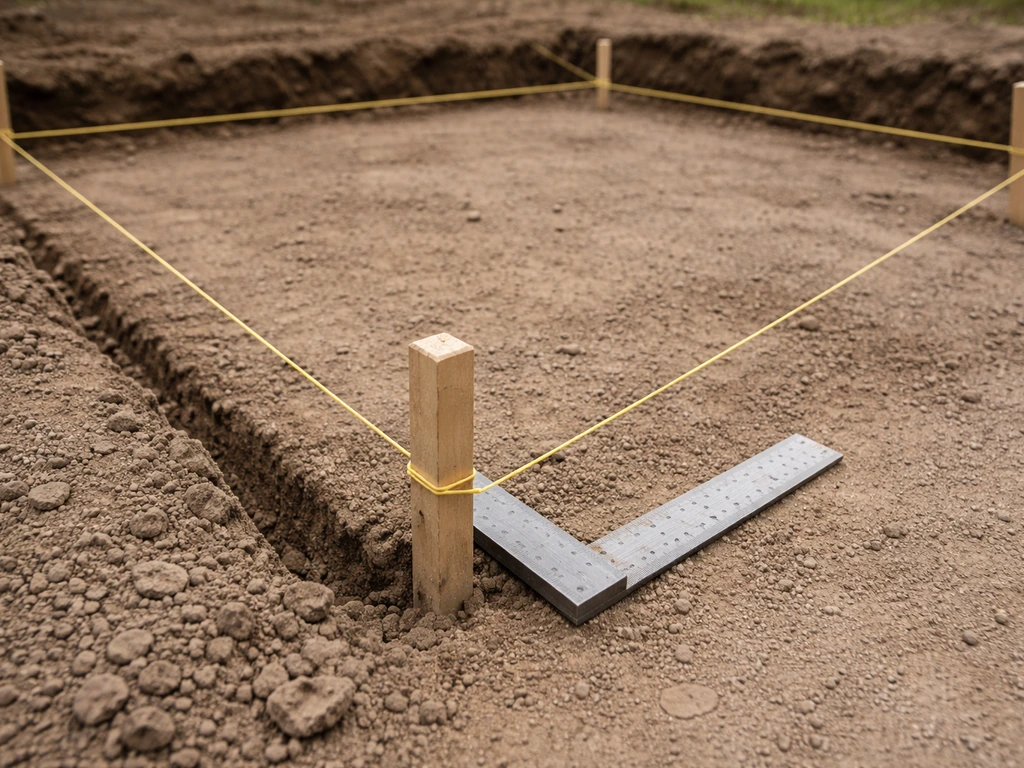 Builder’s line and pegs mark a patio outline with a builder’s square showing a right-angle corner.