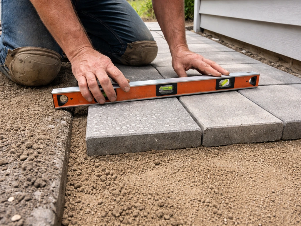 Contractor placing patio pavers into sharp sand while checking alignment with a spirit level