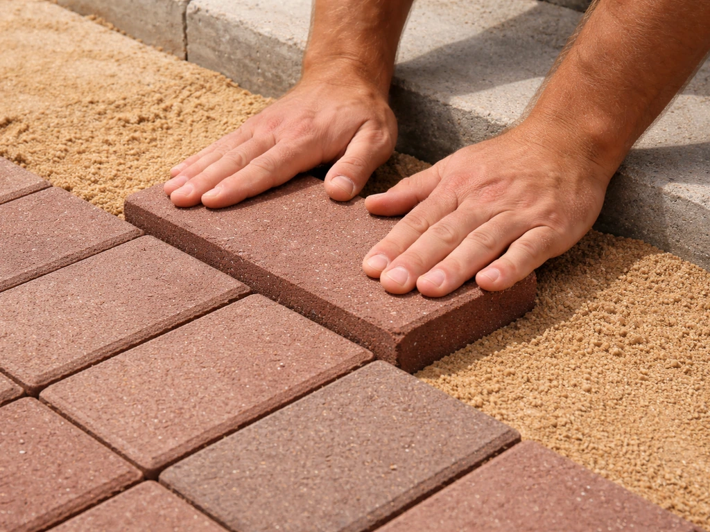 Hands press a brick into bedding sand along a straight patio starting line for alignment.