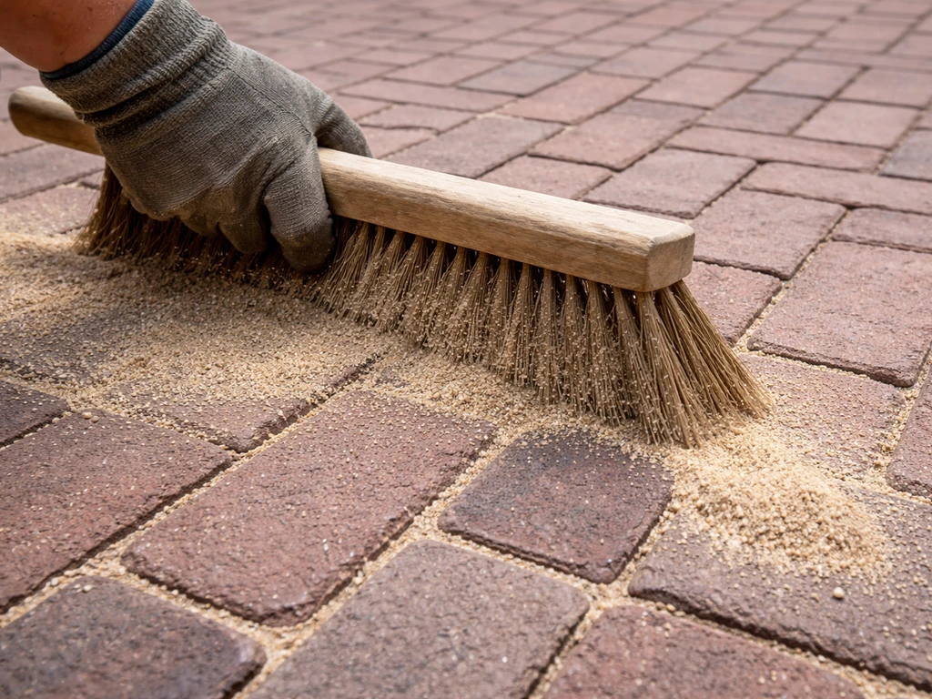 Worker sweeping dry kiln-dried jointing sand into brick joints, close-up of filled joints
