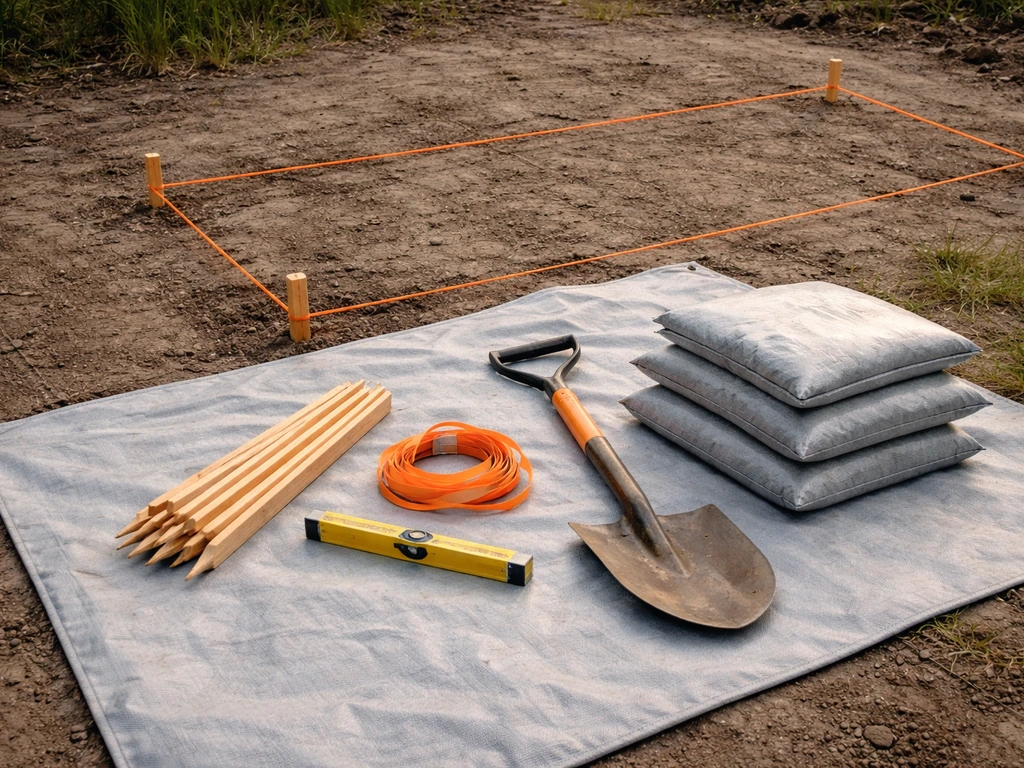 Tools neatly laid out on a tarp: stakes and string line, line level, tape measure, and shovel/materials.