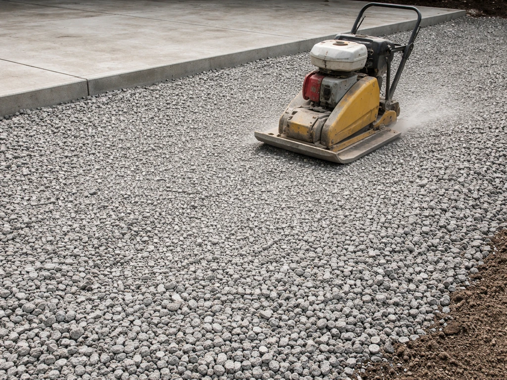 Crushed-stone patio base being leveled with a plate compactor on a graded gravel surface.