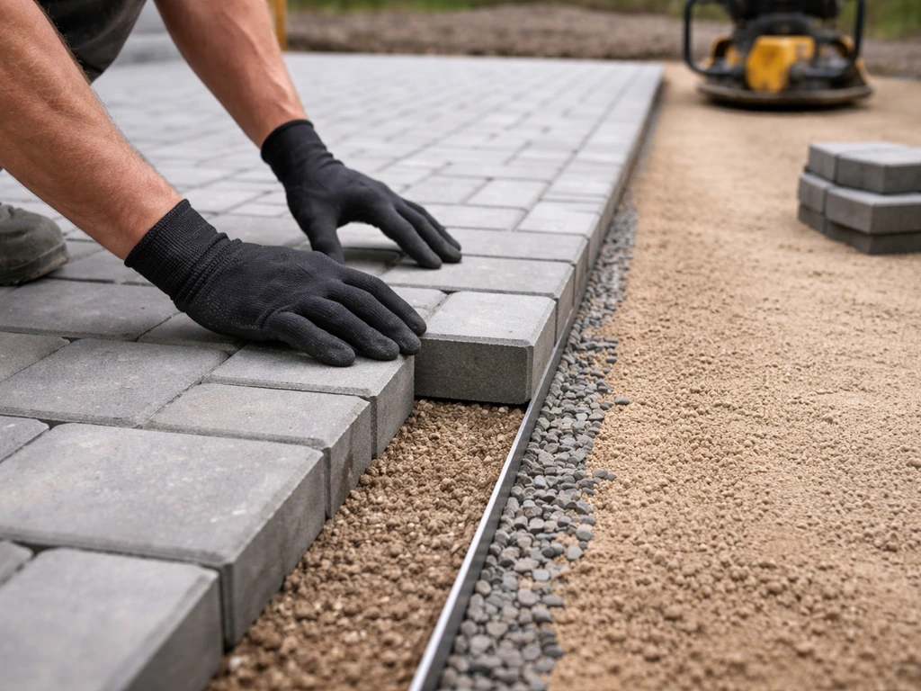 DIY patio paver installation with prepared base, edging, and blocks laid in a clean grid with slight drainage slope.