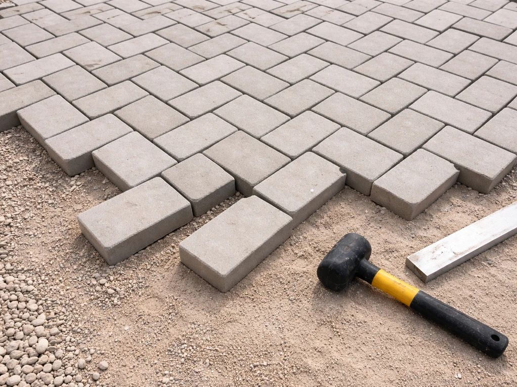 Close-up of concrete interlocking pavers laid in a neat repeating patio pattern with tools nearby