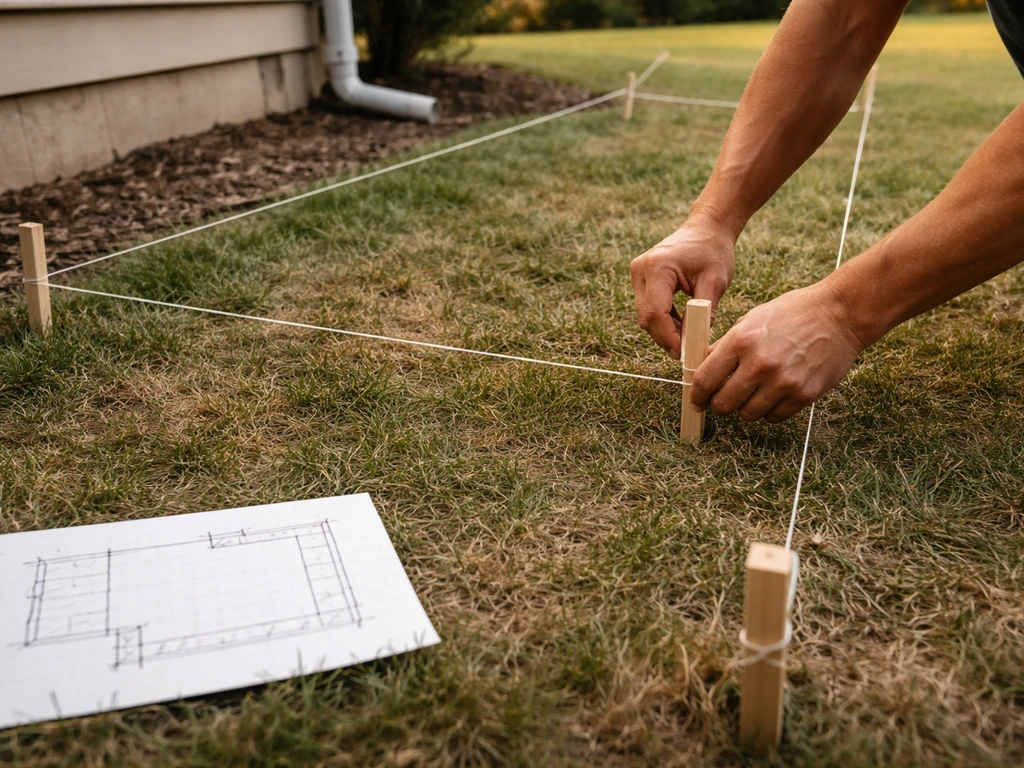 Backyard patio planning: stakes and string lines outline the patio with a simple sketch and obstacles.