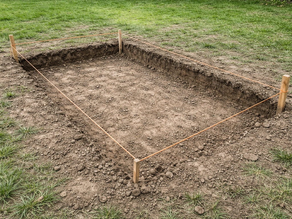 Fresh patio excavation with stakes and taut string marking the perimeter, dug-out soil ready for sub-base.