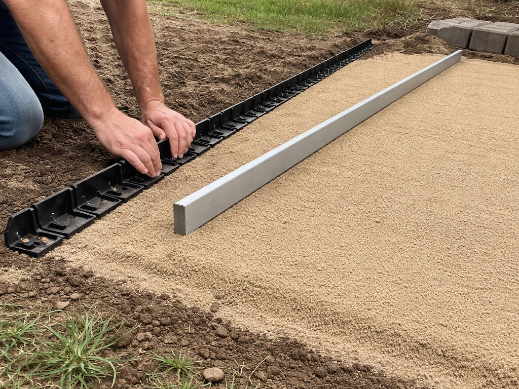 Hands placing plastic paver edging restraints along patio edge and smoothing level screeded sand bed.