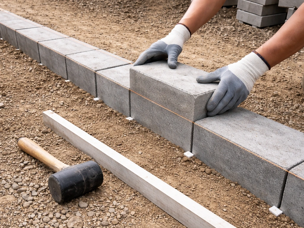 Masonry blocks being set along a straight chalk line with a rubber mallet on a sloped surface