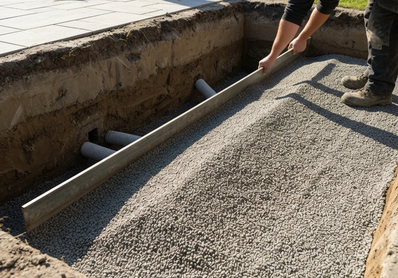 Contractor grading a sloped gravel base with a straightedge toward a small trench drain.