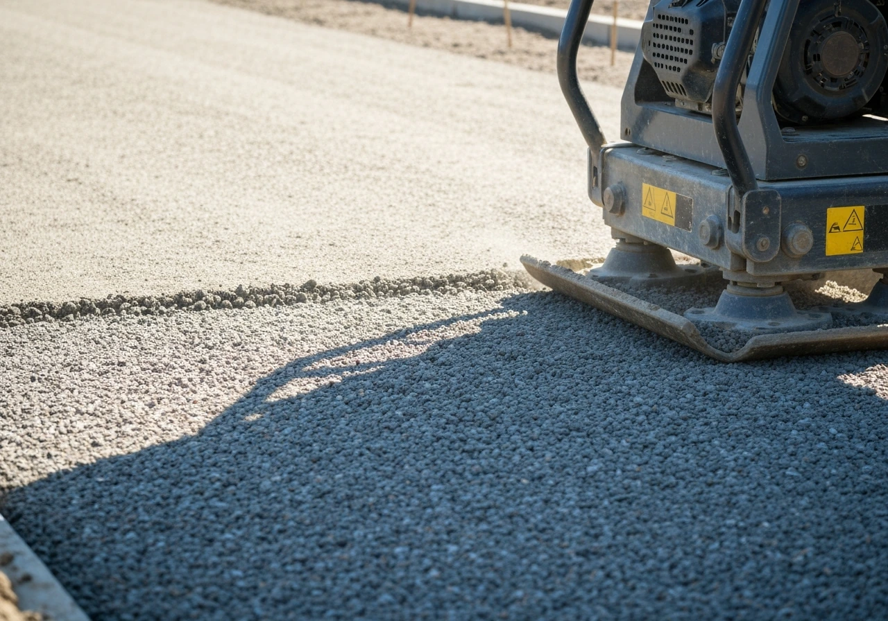 Plate compactor compacting a freshly laid crushed-stone gravel base layer.