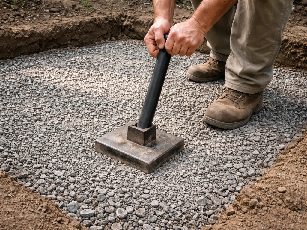 Hands using a heavy hand tamper to compact a fresh gravel base in an excavated patio area.