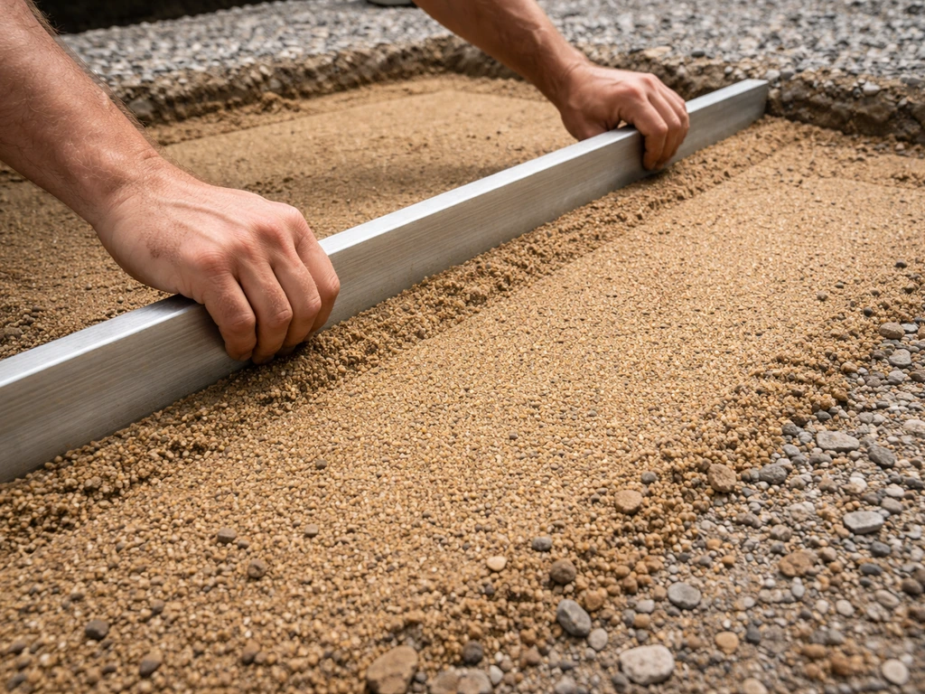 Worker spreading and leveling a thin layer of coarse bedding sand over compacted gravel base