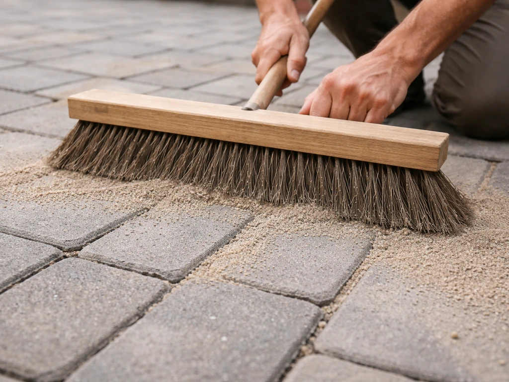 Hand sweeping polymeric sand into patio joints with a stiff push broom for a clean finish.