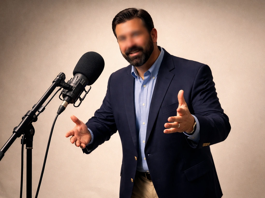 Classic infomercial pitchman speaking into a microphone in a simple studio setup