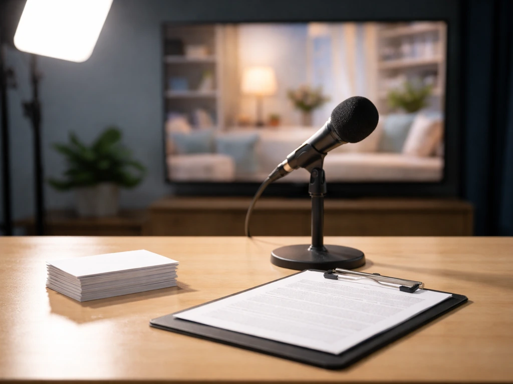 Minimal TV/infomercial studio desk with cue cards, microphone, and a blurred home-shopping TV screen.