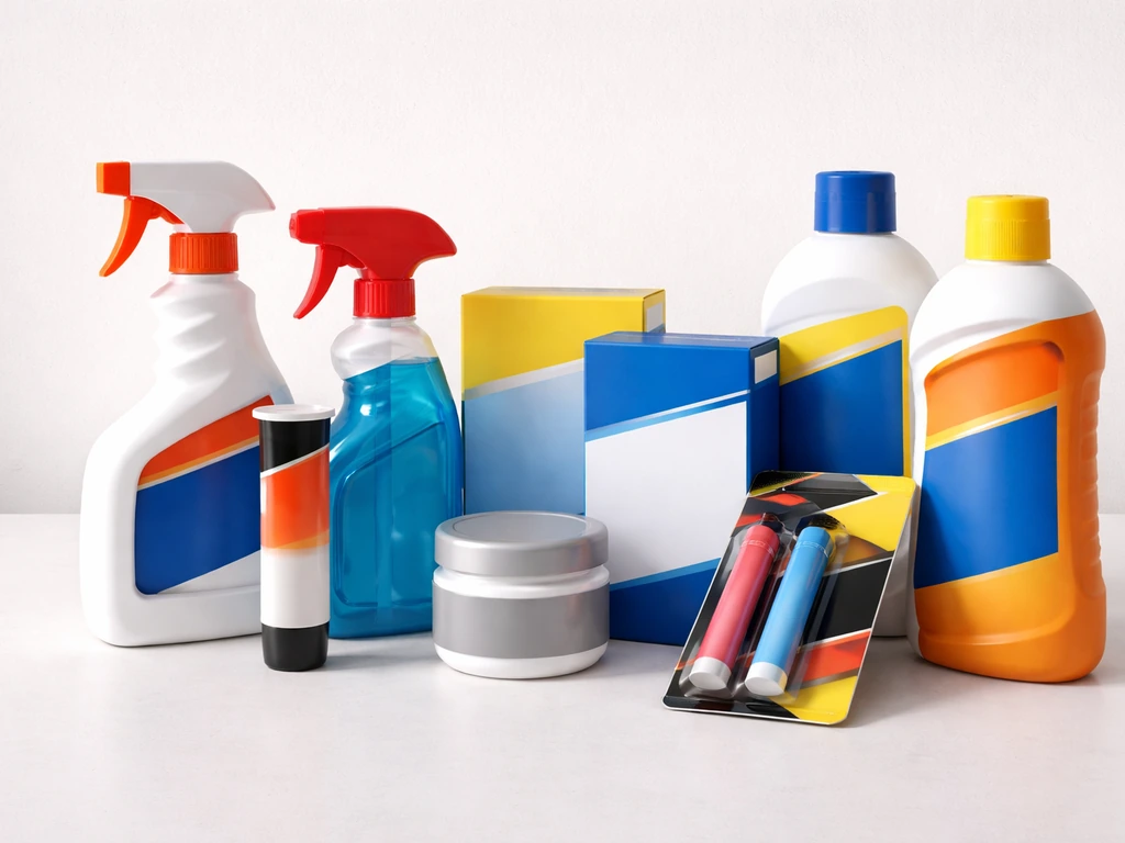 Minimal tabletop lineup of multiple cleaning and repair product packages arranged in a neat row.