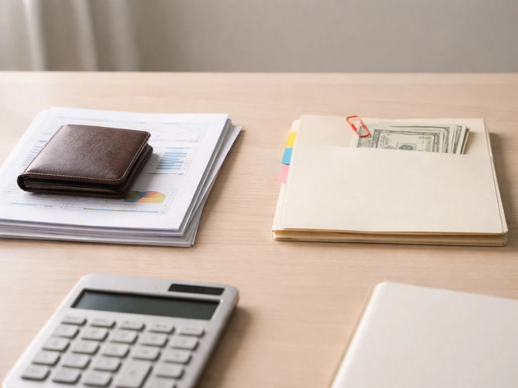 Minimal desk scene showing assets vs liabilities using documents, wallet, calculator, and folders—no text.