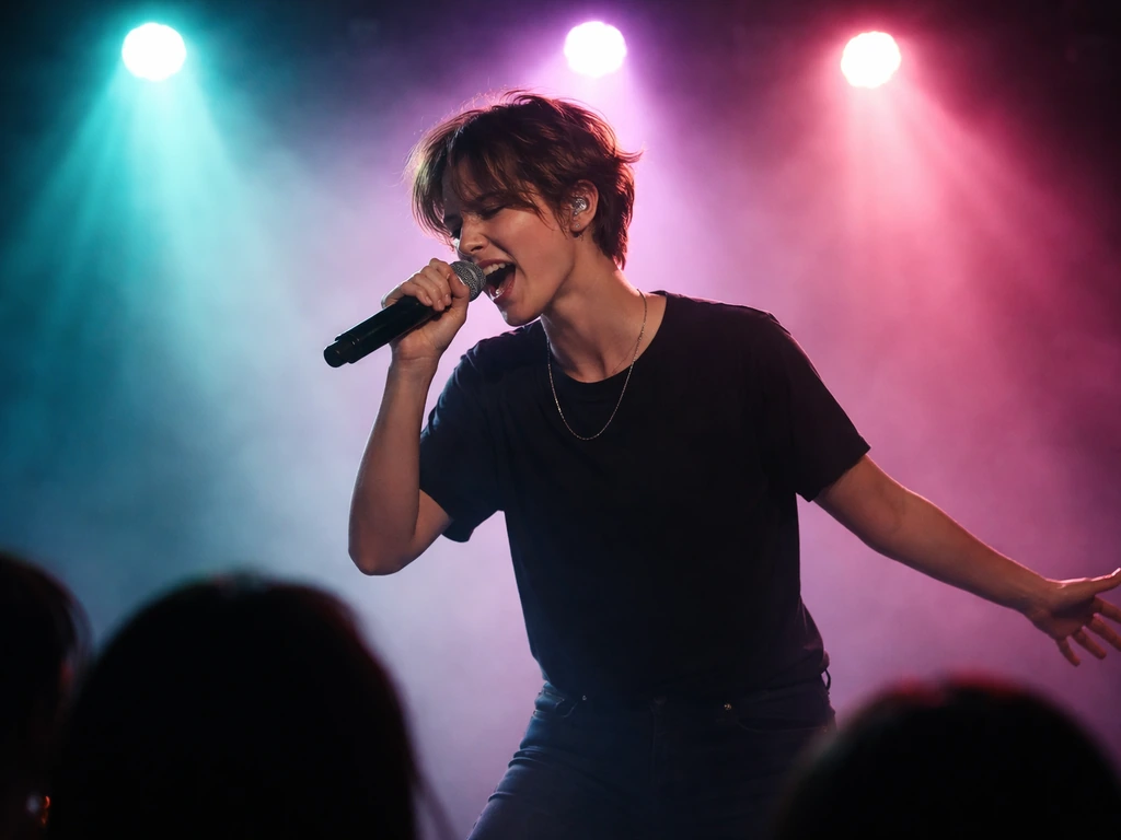 Singer performing on a dim stage with colorful stage lights and streaming-like light beams