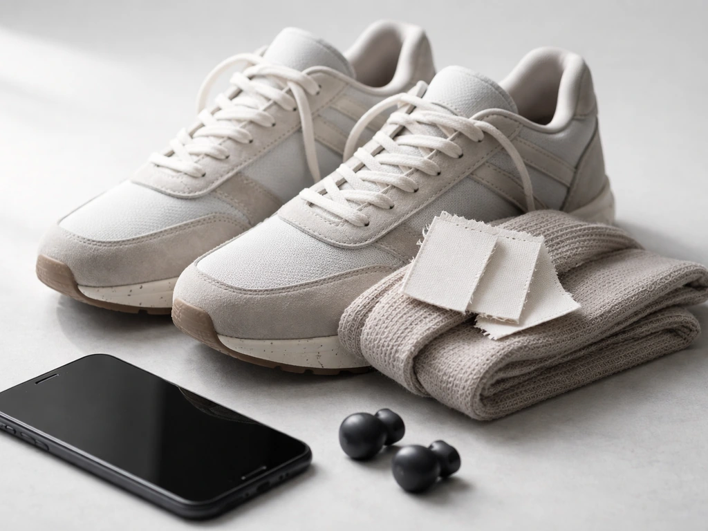 Close-up of styled sustainable fashion tags and a pair of sleek sports sneakers on a minimal studio surface.