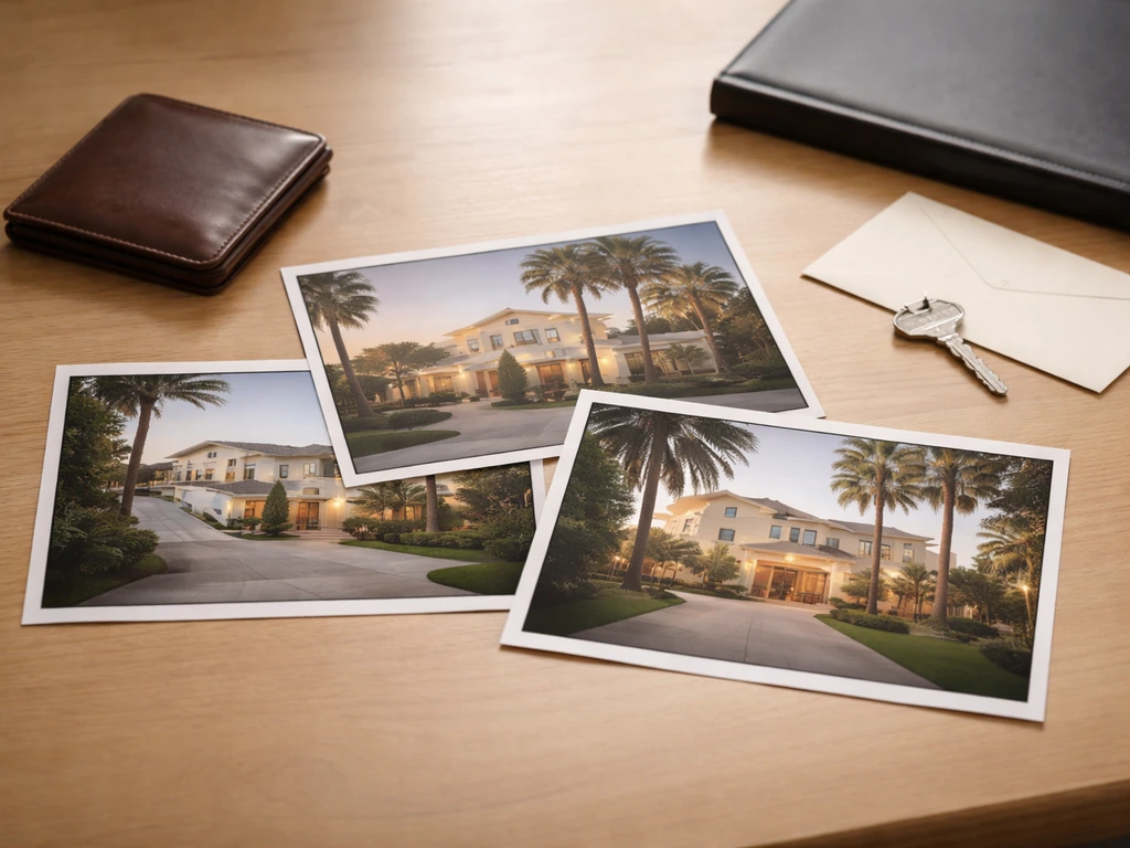 Minimal desk with blurred LA property photos, a key and wallet suggesting estimated assets and wealth.