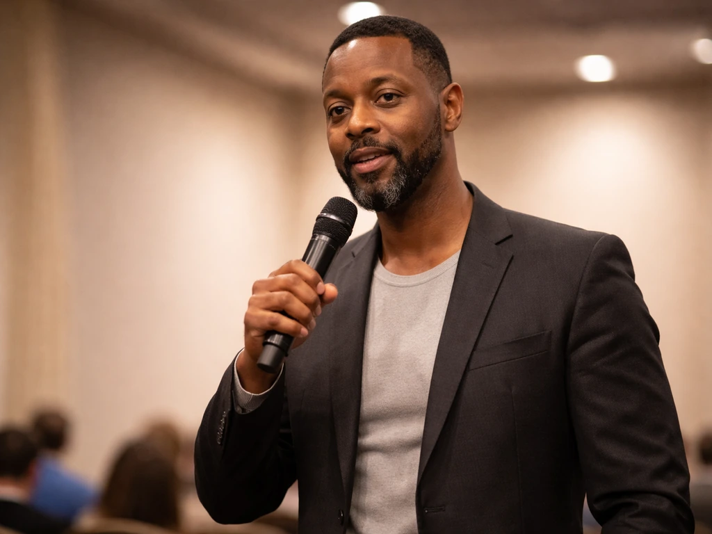 Billy Carson speaking at a small conference, holding a microphone on stage with a blurred audience behind.