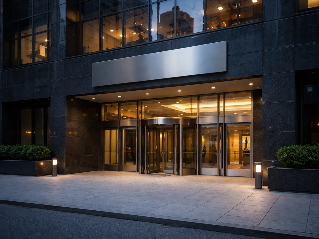 Empty modern office entrance at dusk, dark glass windows and a generic sign plaque above the lobby doors.