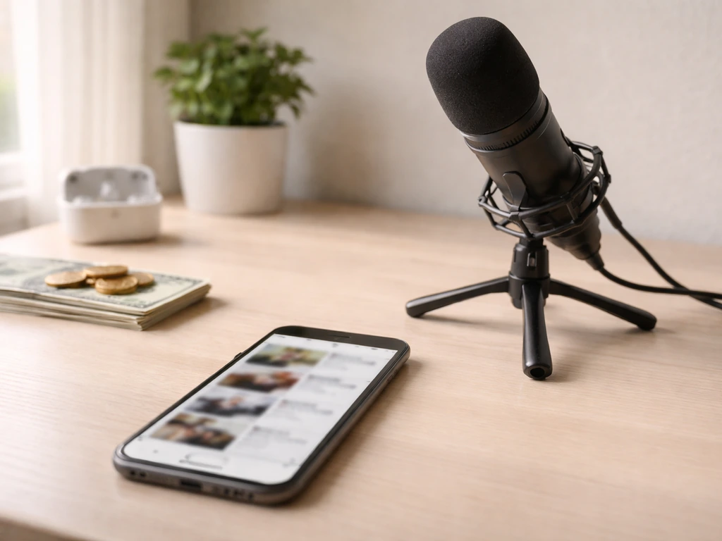 Minimal workspace with smartphone showing blurred social media thumbnails, and a microphone for creator revenue context