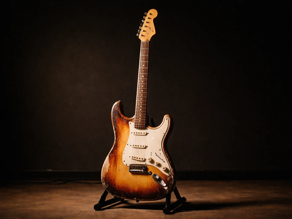 Vintage rock musician vibe: a worn guitar resting against a dark studio wall with soft stage light.