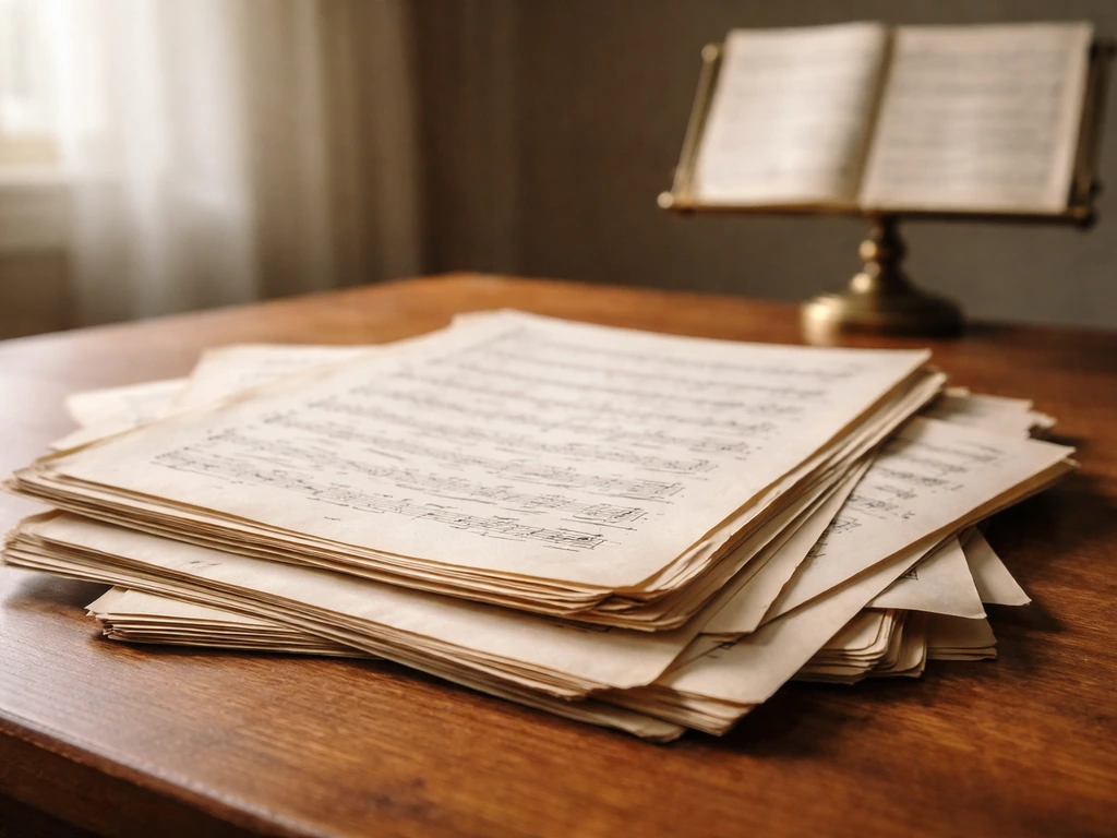Vintage sheet music on a wooden desk, softly lit, suggesting music publishing and catalog royalties.