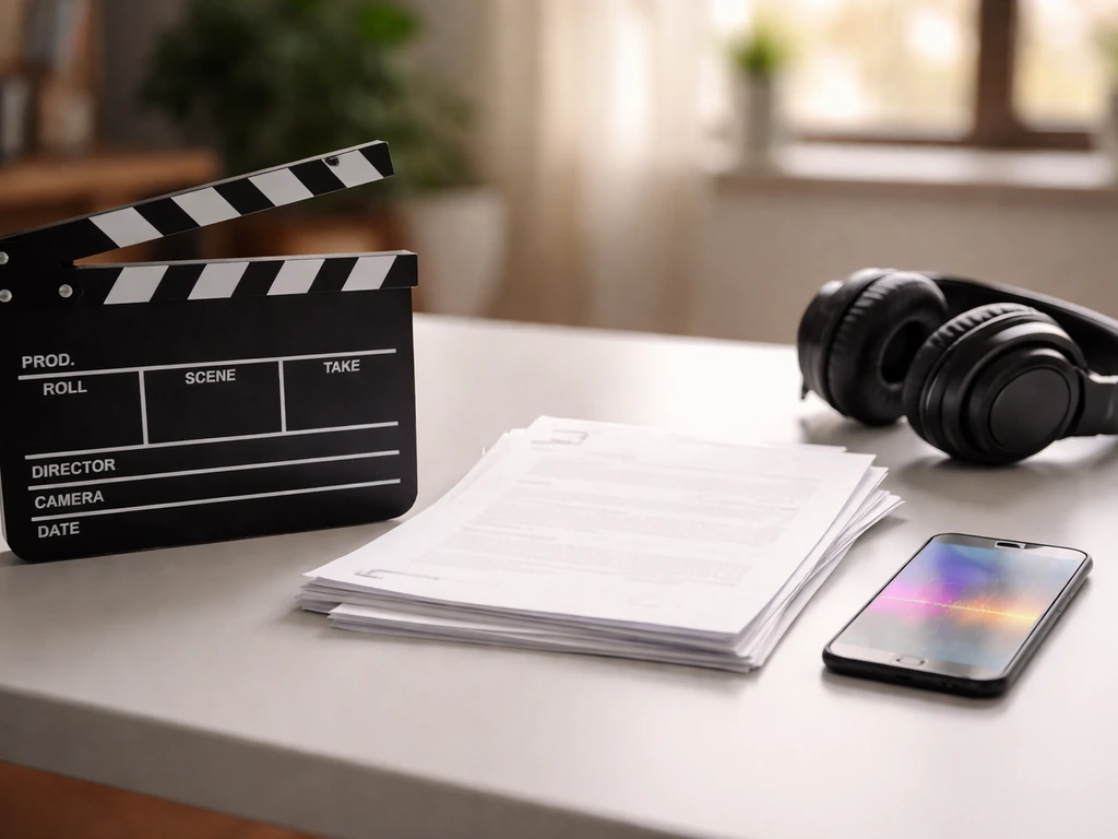 Minimal desk scene with a clapperboard and music licensing papers beside a smartphone, symbolizing sync licensing placem