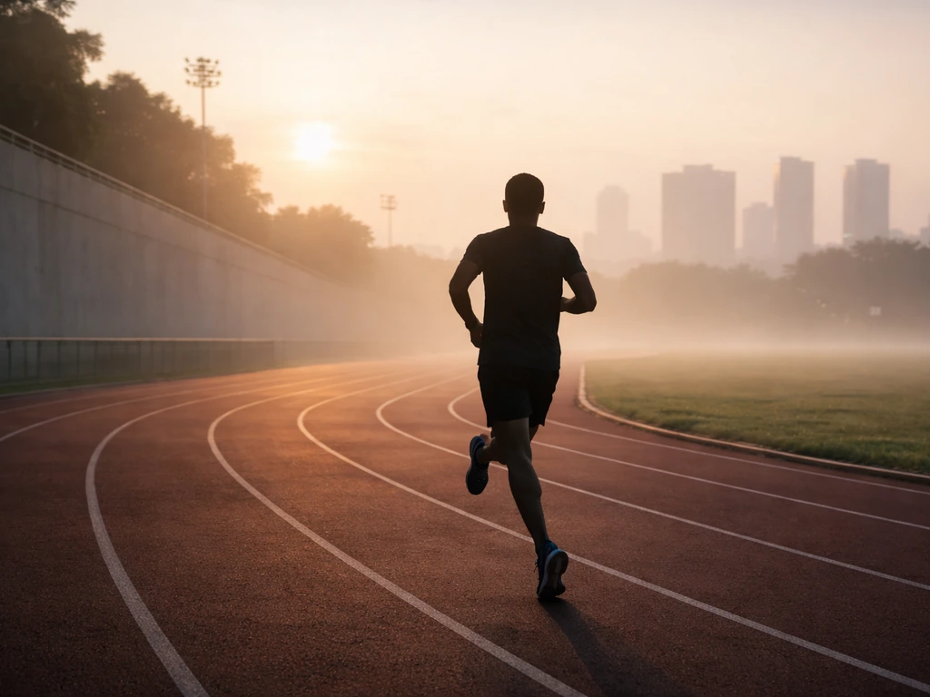 Anonymous runner on an empty track at dawn, minimal scene symbolizing athletic legacy and analysis.