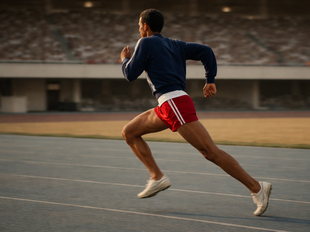 Vintage 1964 track scene with a lone Olympic-style runner in mid-stride on an empty stadium track