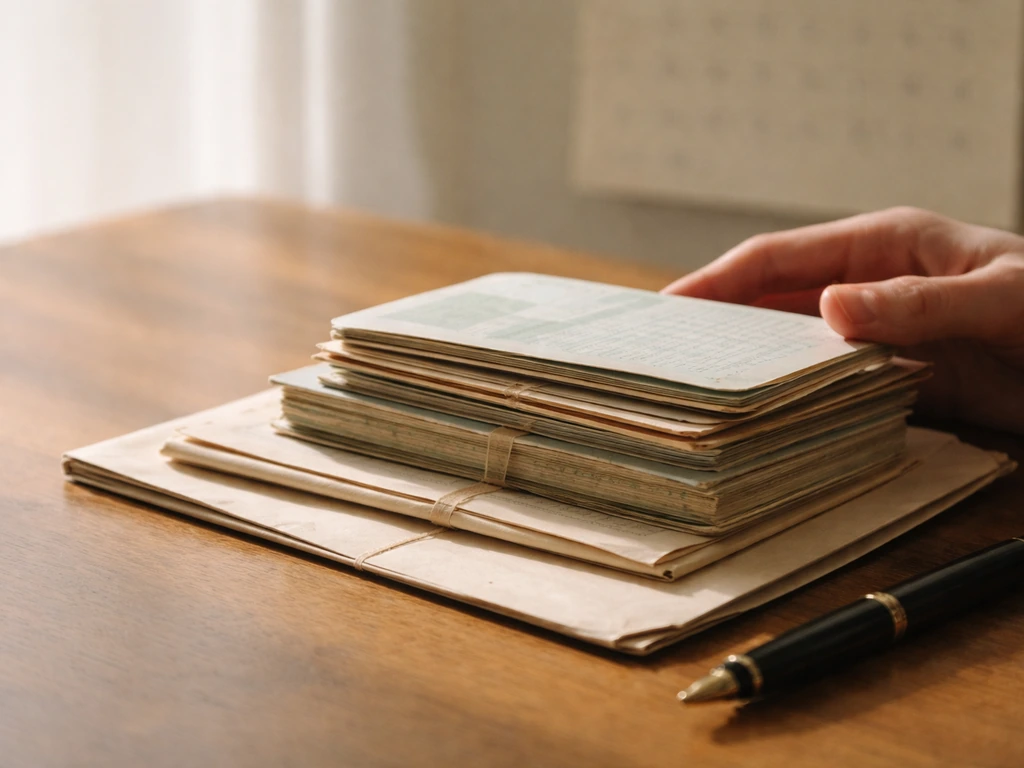 Hands-only still-life of vintage passbooks and envelopes on a wooden desk, suggesting gradual earnings.