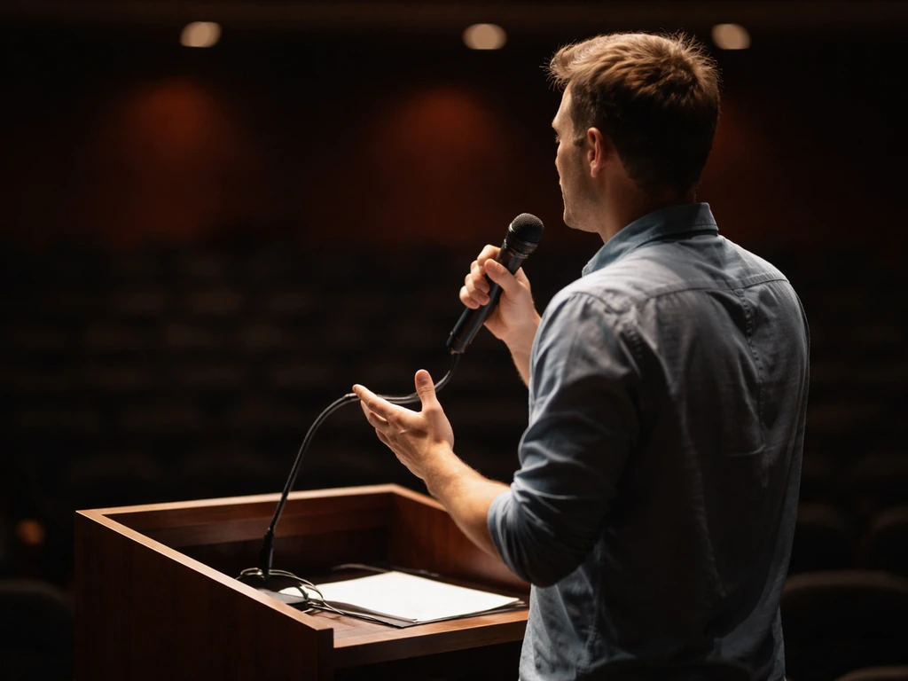 Anonymous speaker at a podium with microphone in a quiet auditorium, spotlighted for a motivational talk.