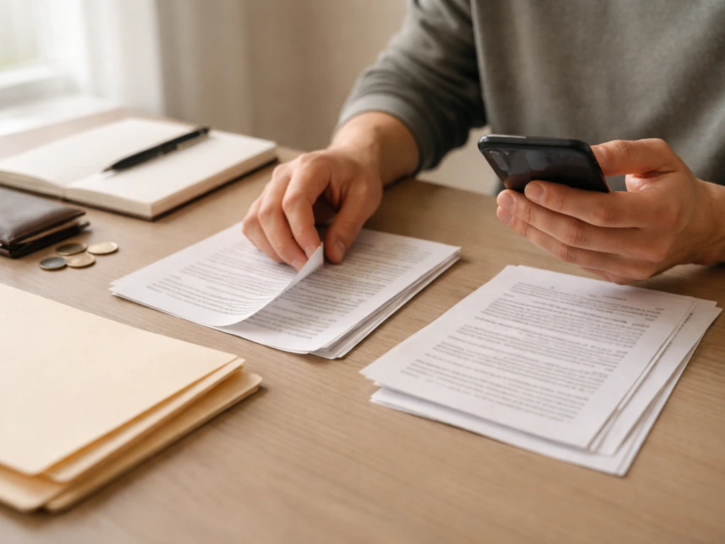 Hand sorting notes and a smartphone beside an open folder, suggesting checking sources and updating estimates