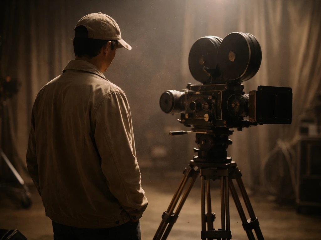 Anonymous actor-style figure in a dim film studio with a vintage camera, suggesting celebrity net worth analysis.