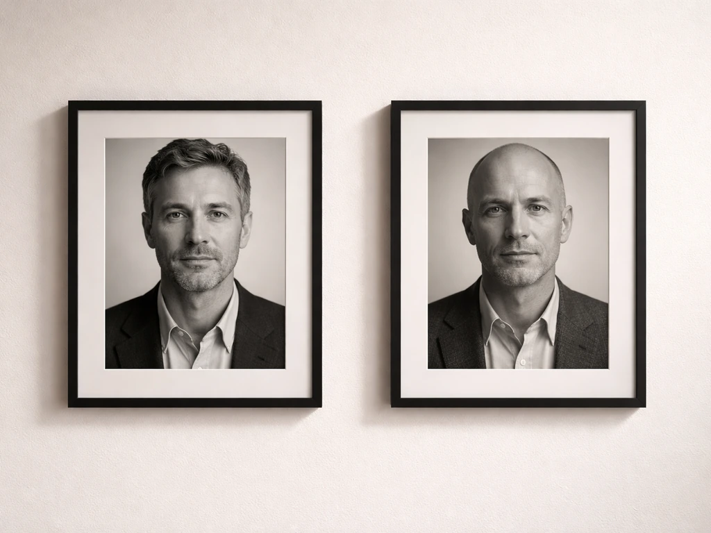 Two neatly framed studio headshots labeled only by context, showing two different unnamed men side by side.