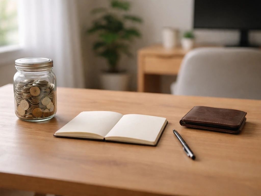 Coins jar and wallet on a simple desk, symbolizing assets vs liabilities for net worth estimates