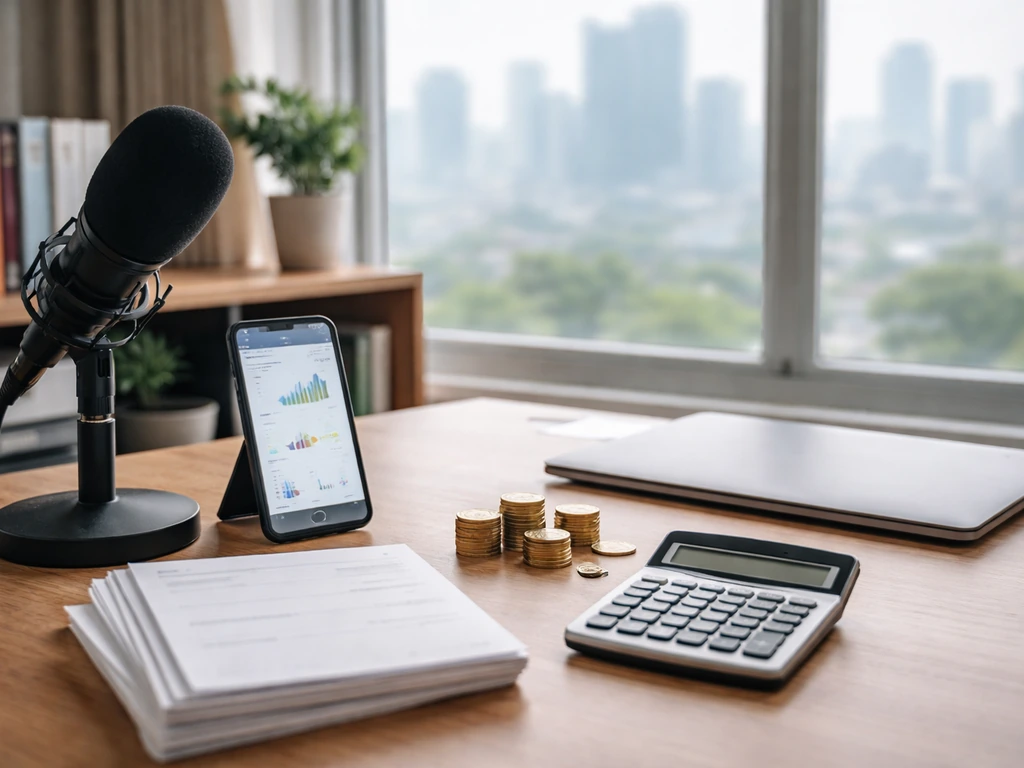 Minimal marketing workspace with microphone, calculator, papers, and laptop suggesting estimating business wealth.