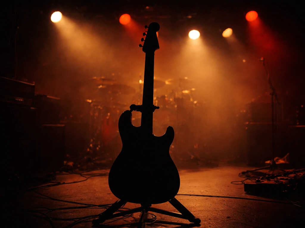 Anonymous guitar silhouette on a rock stage under warm concert lights, minimal and eye-catching