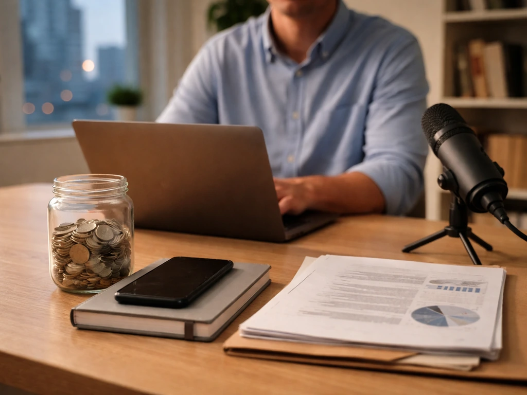 Minimal photo of an anonymous finance analyst at a desk with scattered documents and a microphone, symbolizing net worth