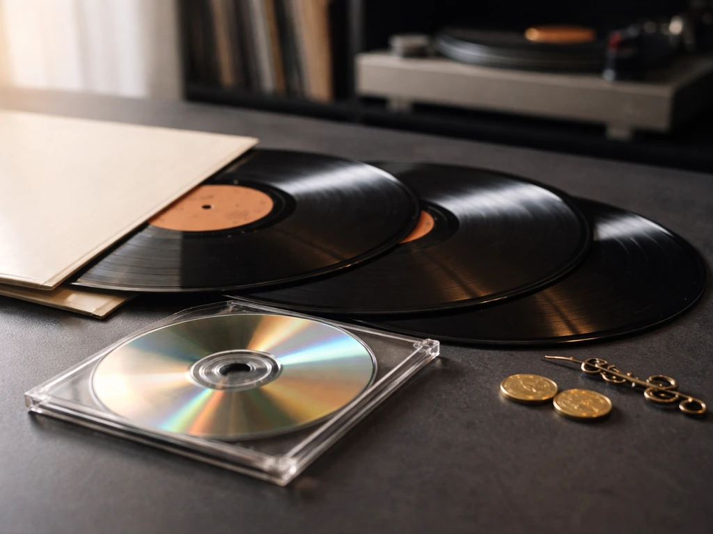 Close-up of vinyl records and a CD with a couple of gold coins on a dark table.