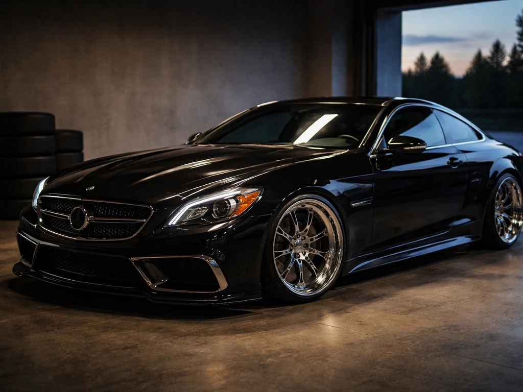 High-end custom car in an upscale garage at dusk, polished dark coupe with chrome details.