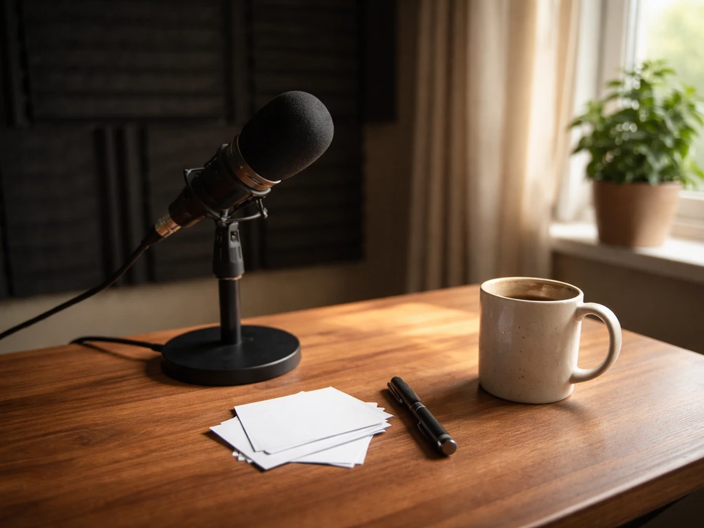 Cozy media studio desk with microphone and scattered notes, hinting at comedy and entertainment careers
