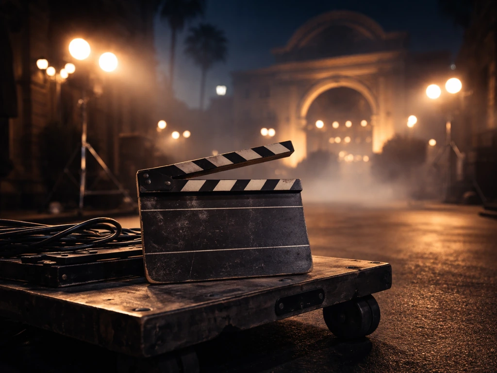 1980s-style Hollywood film set with a vintage clapperboard and warm stage lights in a quiet night scene