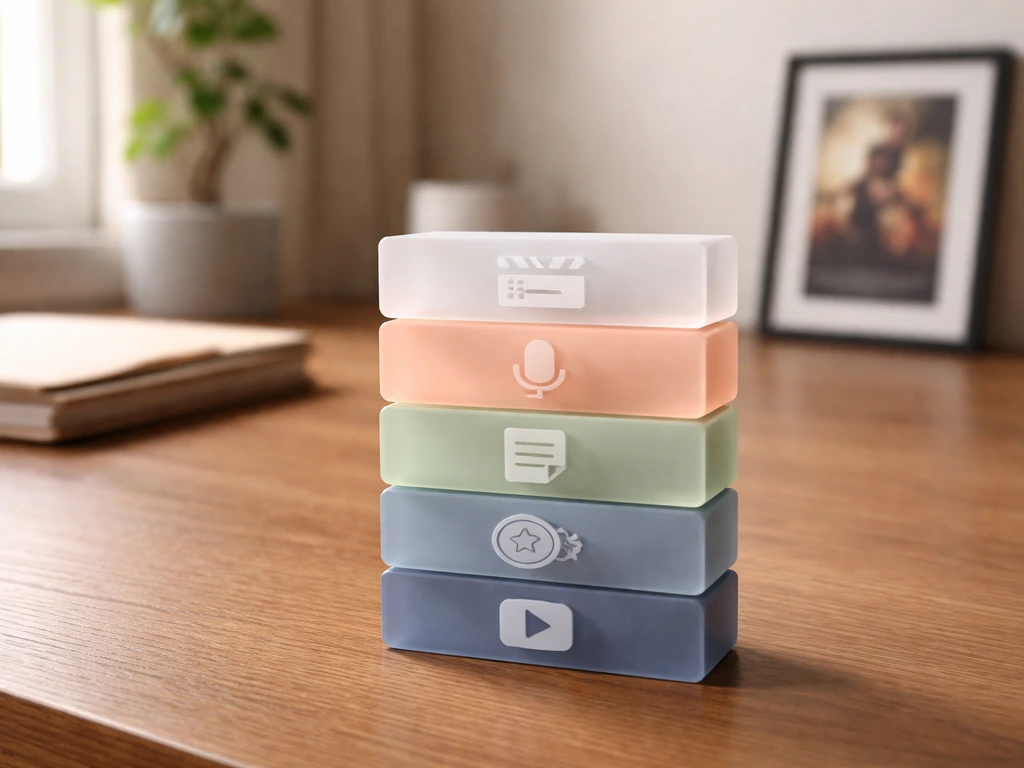 Minimal stack of labeled-free icons representing multiple income streams: film, voice, writing/producing, and royalties