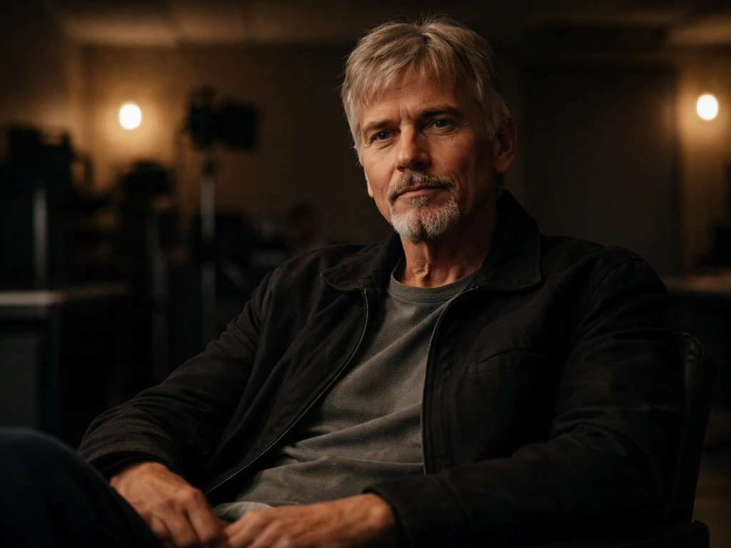 Billy Bob Thornton in a dim, moody film setting, looking off-camera in casual cinematic light.