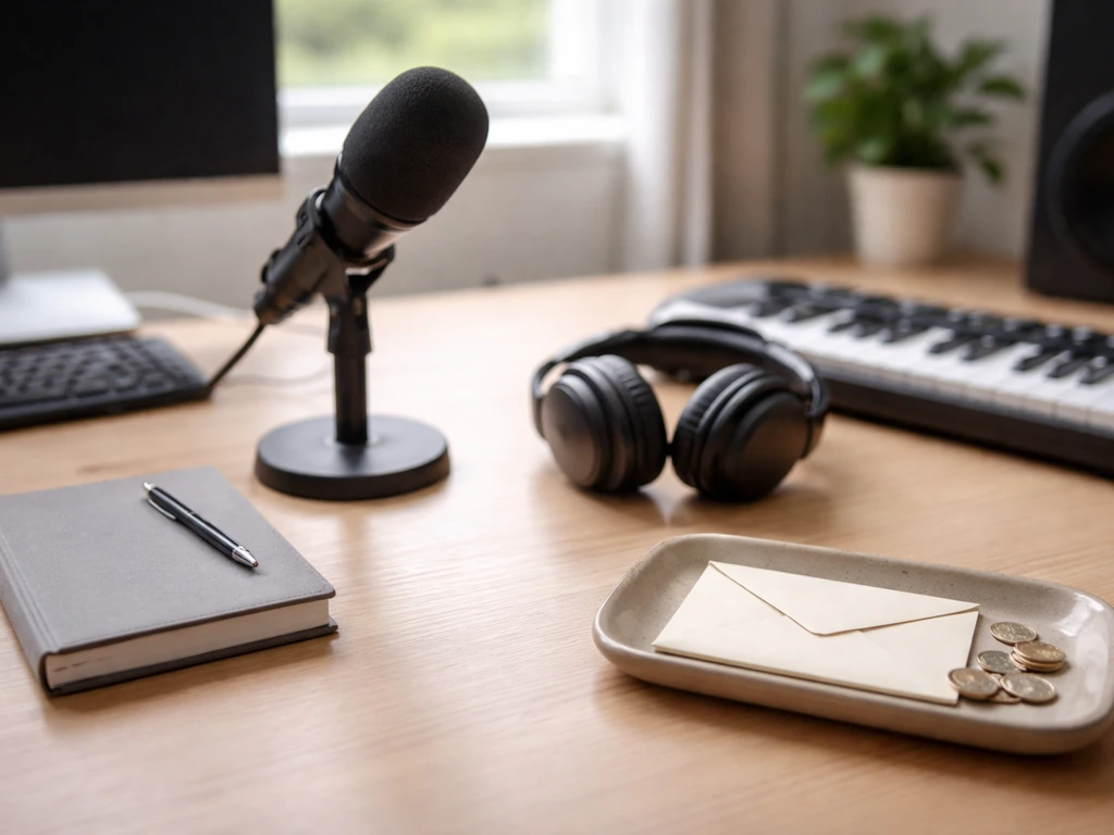 Minimal photo of a tidy media studio desk with items symbolizing acting, writing, music, and investing
