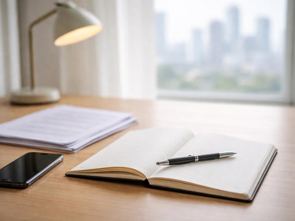 Open notebook with pen and smartphone on a desk, symbolizing checking and updating a public net-worth figure.