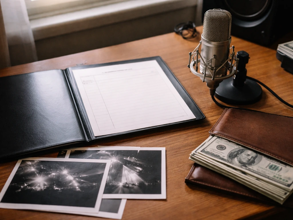 Minimal music-studio desk with a microphone and scattered cash symbolizing early-2000s peak earnings.
